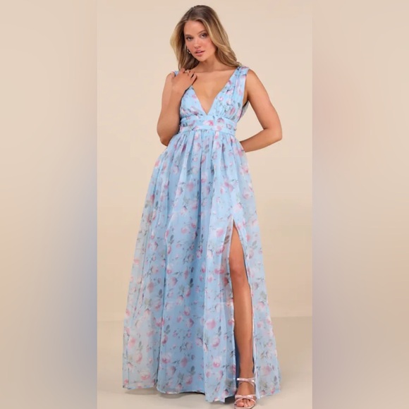 Garden Romance Light Blue Floral Organza Maxi Dress Large Bridesmaid Formal - Picture 1 of 9